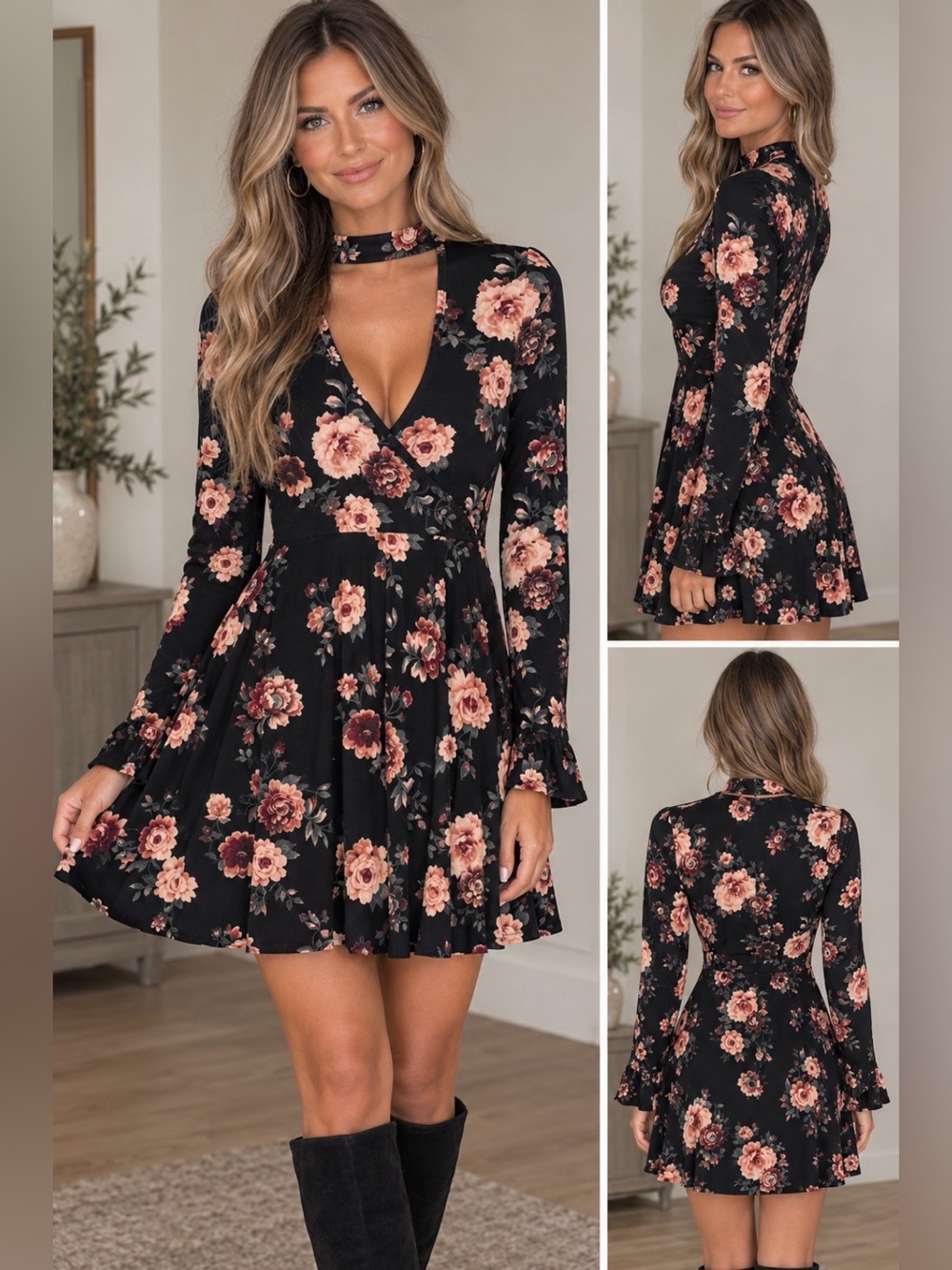 Stella Tweed Black Floral Long-Sleeve Choker dress Sz Medium